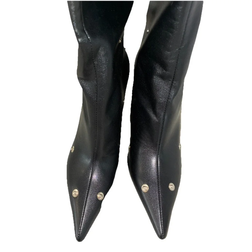 Boots Knee High Women's 9.5 Black Detachable Front Panel‎ 2-Way Stiletto Pointy